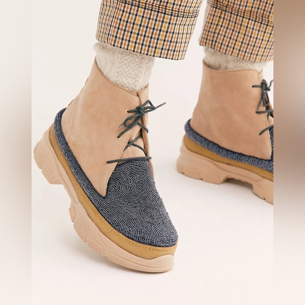 Free People Laid Back London Dolman Ankle Boot Pewter Beaded Tan Suede